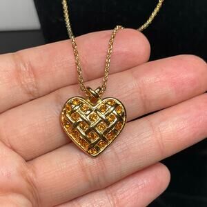 Vintage Avon Heart Birthstone Necklace November Topaz Rhinestones Gold Chain